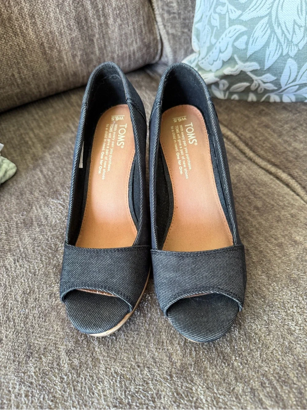 TOMS Denim Canvas Peep-Toe Wedge Espadrilles